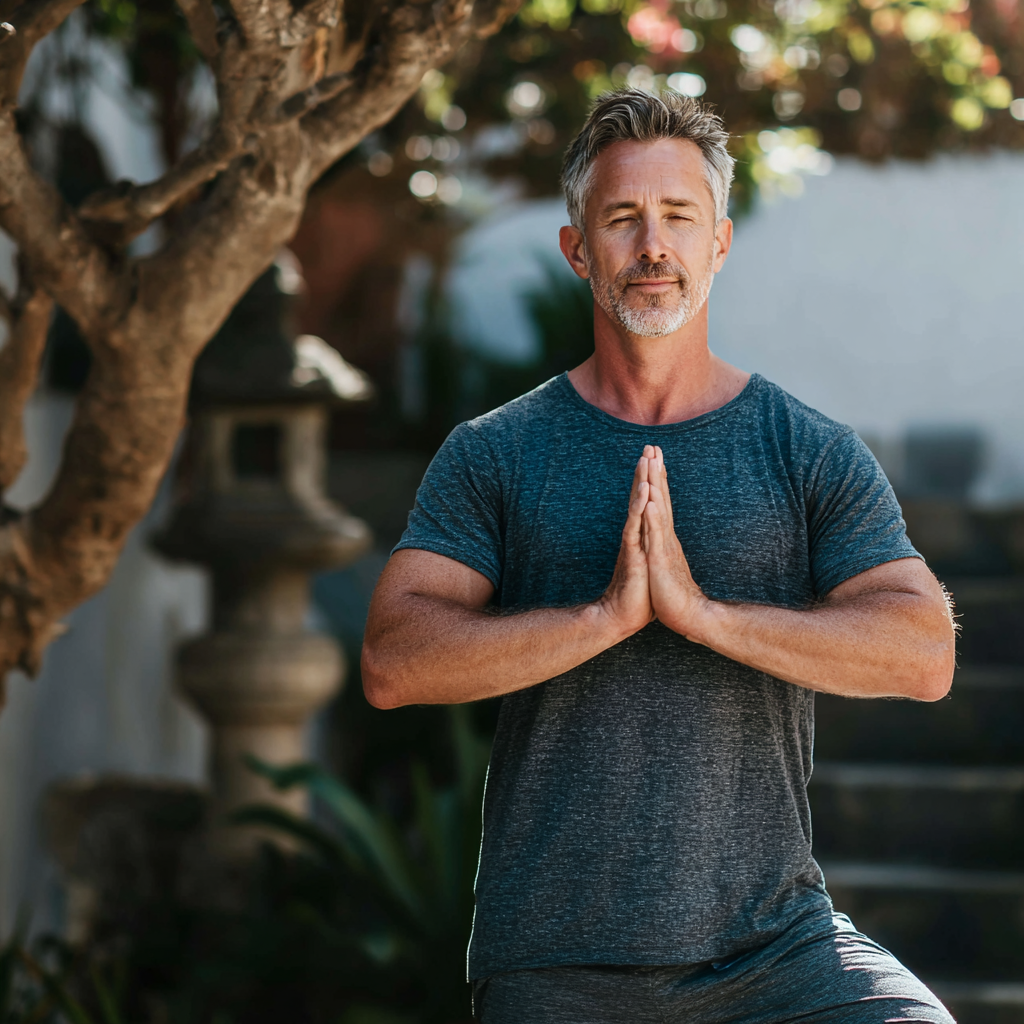 Confident middle-aged man in his early fifties practicing a standing yoga pose outdoors in a garden setting, demonstrating balance and strength with peaceful expression