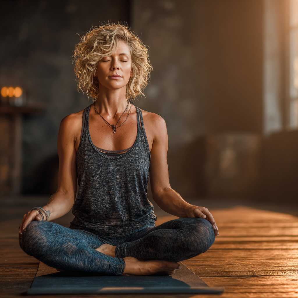 Serene woman in her late forties practicing yoga in lotus position on a mat in a peaceful indoor studio setting with soft natural lighting